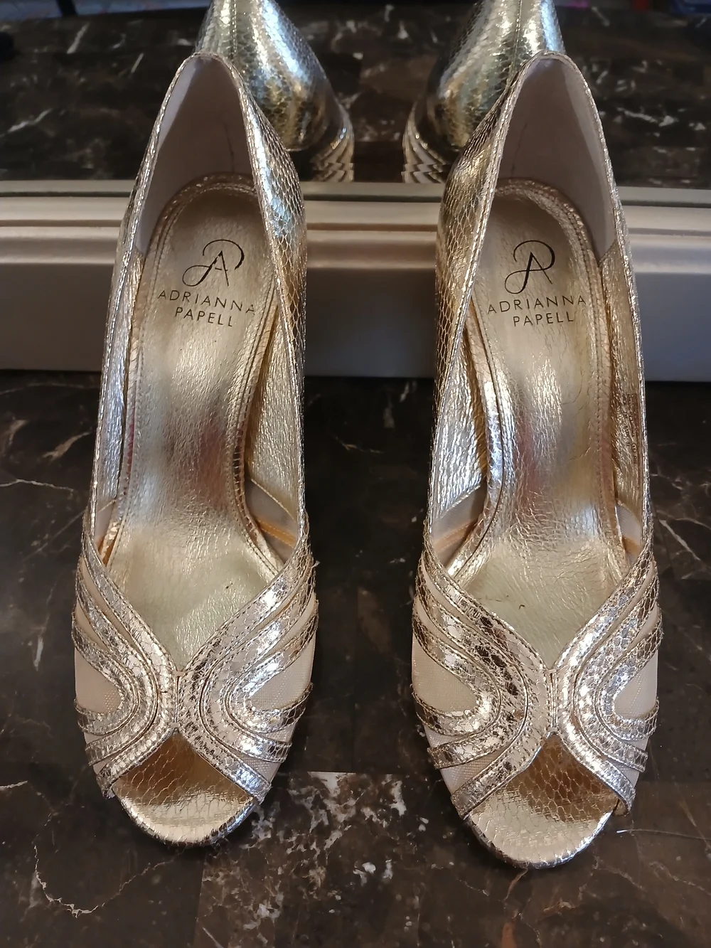 Adrianna Papell Gold Metallic Snake-Texture Peep-Toe Heels